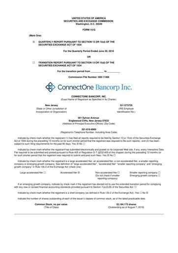 Thumbnail ConnectOne Bancorp 10-Q Quarterly Report FY2018 
