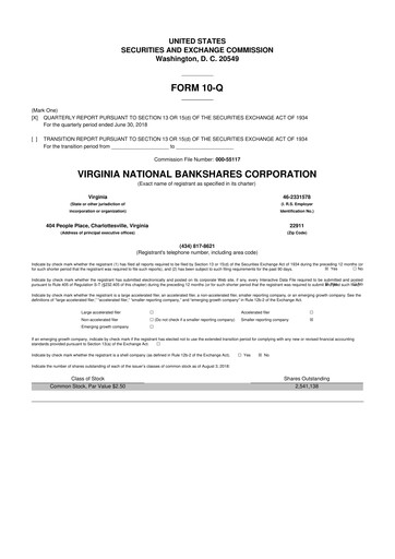 Thumbnail Virginia National Bankshares 10-Q Quarterly Report FY2018 