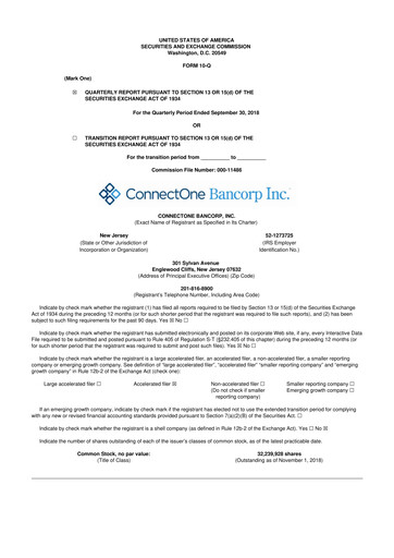 Thumbnail ConnectOne Bancorp 10-Q Quarterly Report FY2018 