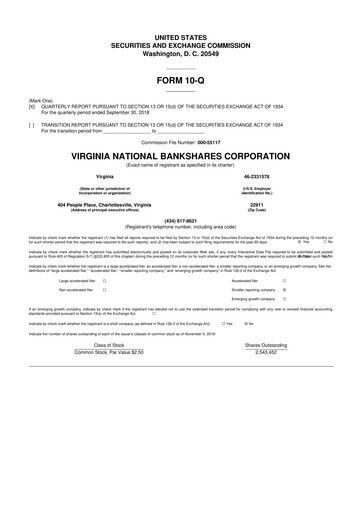 Thumbnail Virginia National Bankshares 10-Q Quarterly Report FY2018 