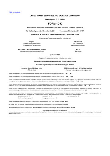 Thumbnail Virginia National Bankshares 10-K Annual Report 2018
