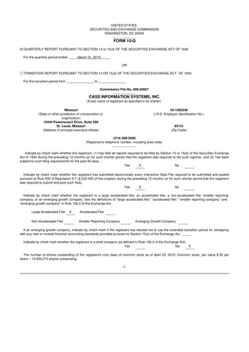 Thumbnail Cass Information Systems 10-Q Quarterly Report FY2019 