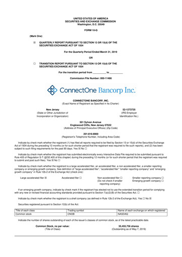 Thumbnail ConnectOne Bancorp 10-Q Quarterly Report FY2019 