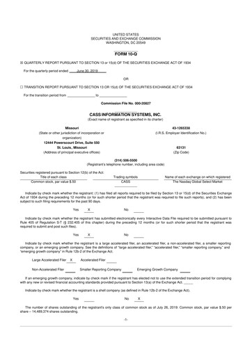 Thumbnail Cass Information Systems 10-Q Quarterly Report FY2019 