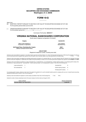 Thumbnail Virginia National Bankshares 10-Q Quarterly Report FY2019 