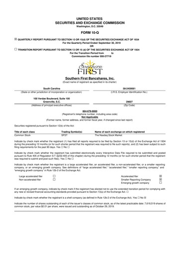Thumbnail Southern First Bancshares 10-Q Quarterly Report FY2019 