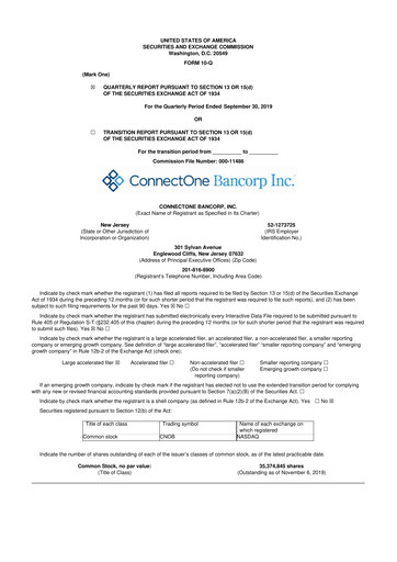 Thumbnail ConnectOne Bancorp 10-Q Quarterly Report FY2019 