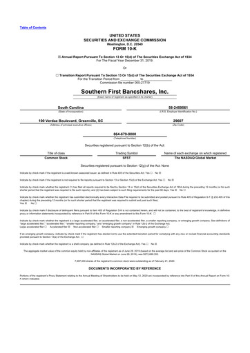 Thumbnail Southern First Bancshares 10-K Annual Report 2019