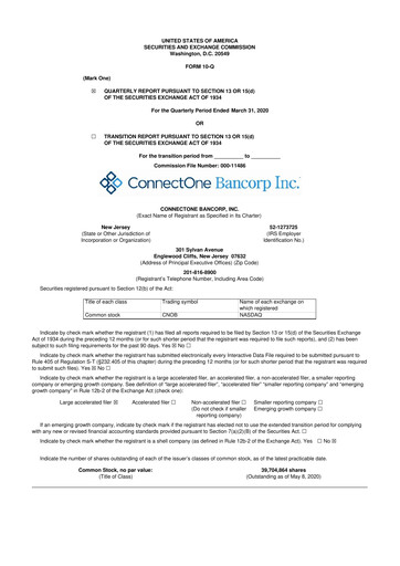 Thumbnail ConnectOne Bancorp 10-Q Quarterly Report FY2020 
