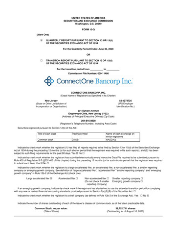 Thumbnail ConnectOne Bancorp 10-Q Quarterly Report FY2020 