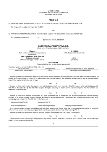 Thumbnail Cass Information Systems 10-Q Quarterly Report FY2020 