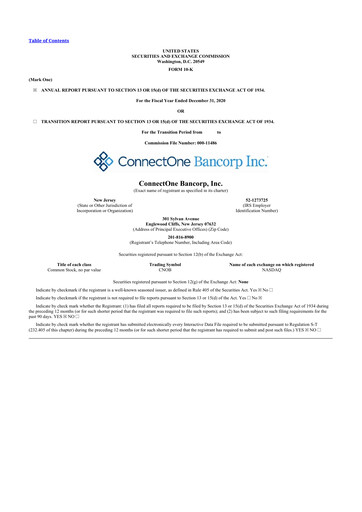 Thumbnail ConnectOne Bancorp 10-K Annual Report 2020