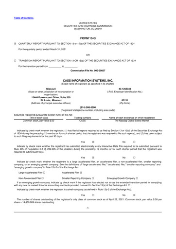Thumbnail Cass Information Systems 10-Q Quarterly Report FY2021 