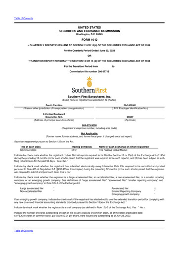 Thumbnail Southern First Bancshares 10-Q Quarterly Report FY 