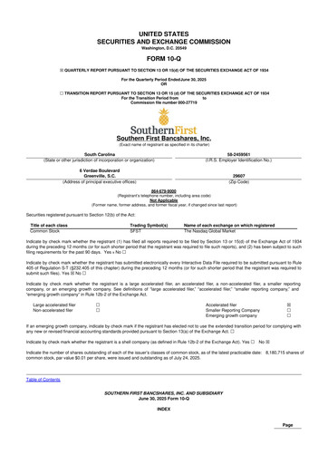 Thumbnail Southern First Bancshares 10-Q Quarterly Report FY 