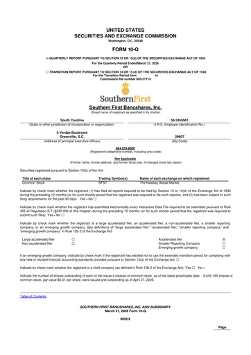 Thumbnail Southern First Bancshares 10-Q Quarterly Report FY 