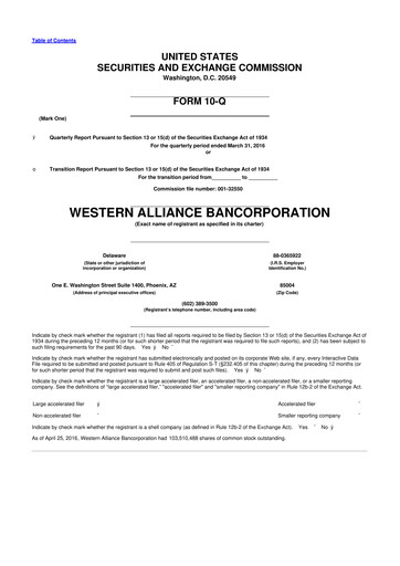 Thumbnail Western Alliance Bancorporation
 10-Q Quarterly Report FY2016 