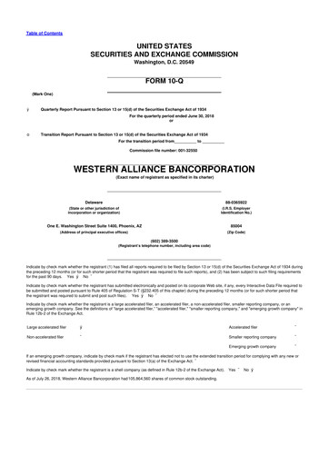 Thumbnail Western Alliance Bancorporation
 10-Q Quarterly Report FY2018 