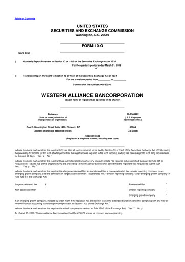 Thumbnail Western Alliance Bancorporation
 10-Q Quarterly Report FY2019 