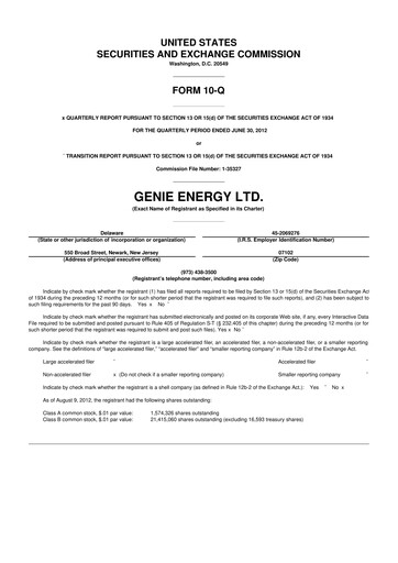 Miniature Genie Energy
 10-Q Rapport trimestriel 2012 