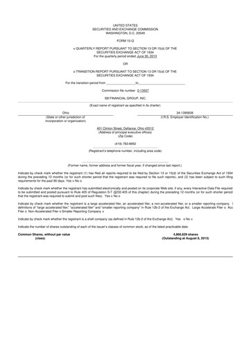 Thumbnail SB Financial Group 10-Q Quarterly Report FY2013 
