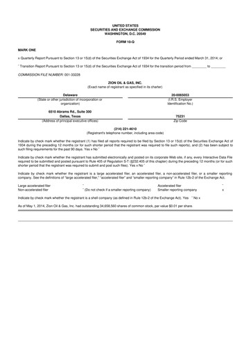 Miniature Zion Oil & Gas 10-Q Rapport trimestriel 2014 
