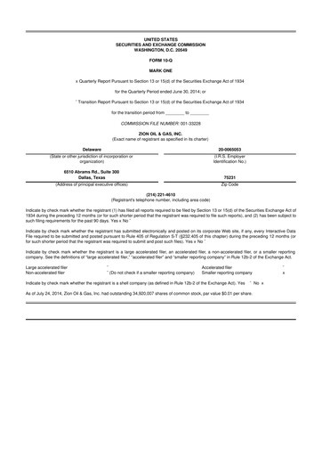 Miniature Zion Oil & Gas 10-Q Rapport trimestriel 2014 