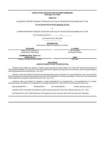 Thumbnail Soligenix 10-Q Quarterly Report FY2014 