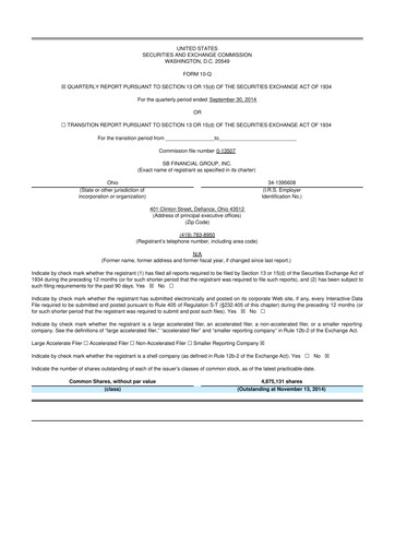 Thumbnail SB Financial Group 10-Q Quarterly Report FY2014 