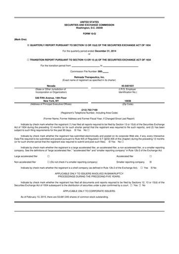 Miniature Relmada Therapeutics 10-Q Rapport trimestriel 2015 