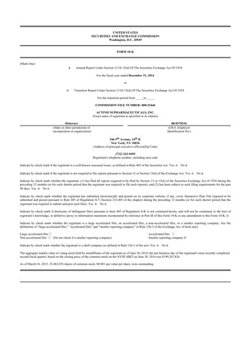 Thumbnail Actinium Pharmaceuticals 10-K Annual Report 2014