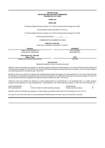 Miniature Zion Oil & Gas 10-Q Rapport trimestriel 2015 