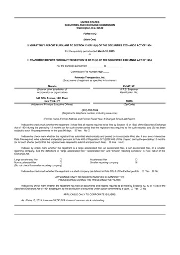 Miniature Relmada Therapeutics 10-Q Rapport trimestriel 2015 