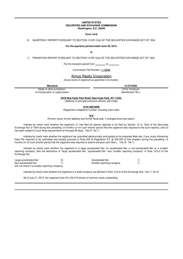 Thumbnail Kimco Realty
 10-Q Quarterly Report FY2015 