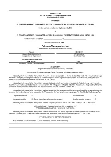 Miniature Relmada Therapeutics 10-Q Rapport trimestriel 2016 