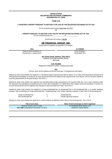 Thumbnail SB Financial Group 10-Q Quarterly Report FY2015 