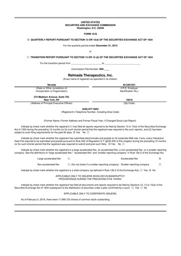 Miniature Relmada Therapeutics 10-Q Rapport trimestriel 2016 