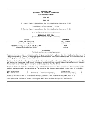 Miniature Zion Oil & Gas 10-Q Rapport trimestriel 2016 