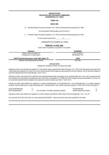 Miniature Zion Oil & Gas 10-Q Rapport trimestriel 2016 