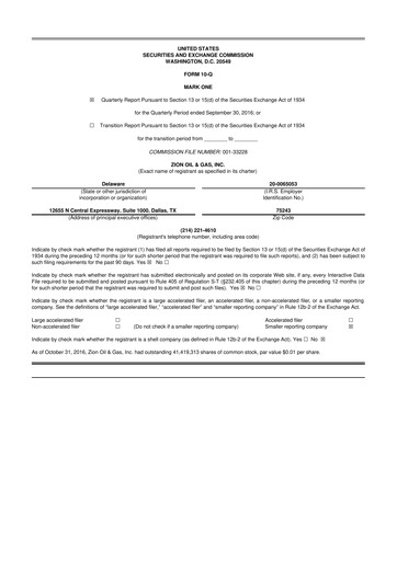 Miniature Zion Oil & Gas 10-Q Rapport trimestriel 2016 