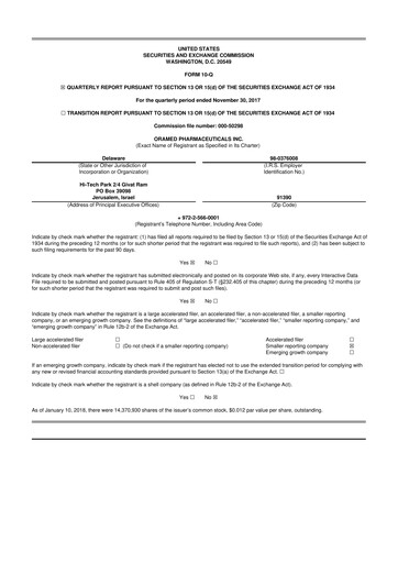 Thumbnail Oramed Pharmaceuticals 10-Q Quarterly Report FY2018 