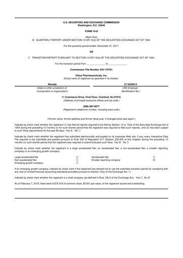 Vorschaubild Citius Pharmaceuticals
 10-Q Quartalsbericht 2018 