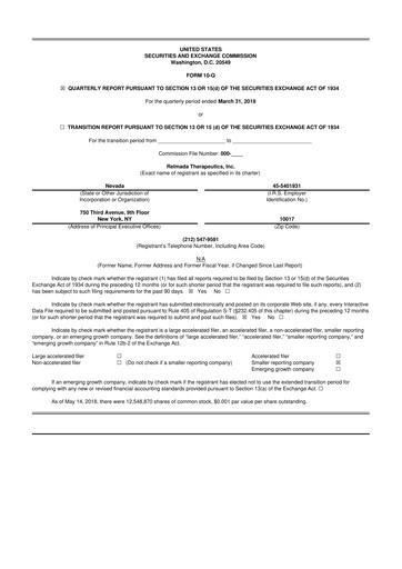 Miniature Relmada Therapeutics 10-Q Rapport trimestriel 2018 