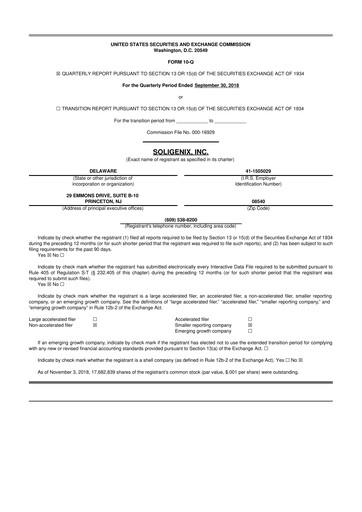 Thumbnail Soligenix 10-Q Quarterly Report FY2018 