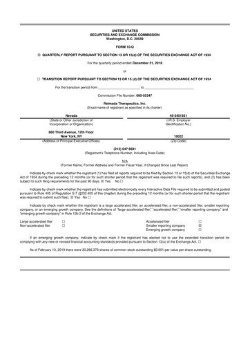 Miniature Relmada Therapeutics 10-Q Rapport trimestriel 2019 
