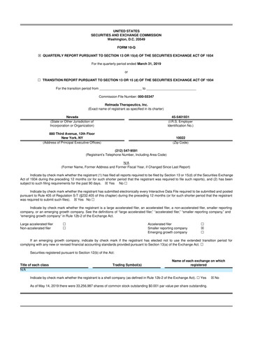 Miniature Relmada Therapeutics 10-Q Rapport trimestriel 2019 