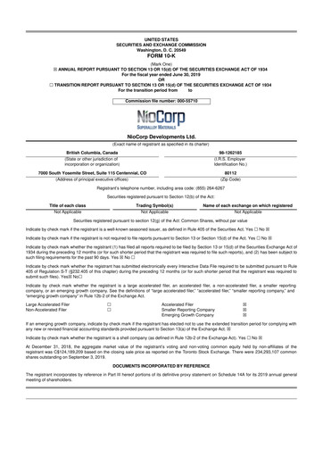 Thumbnail NioCorp Developments 10-K Annual Report 2019