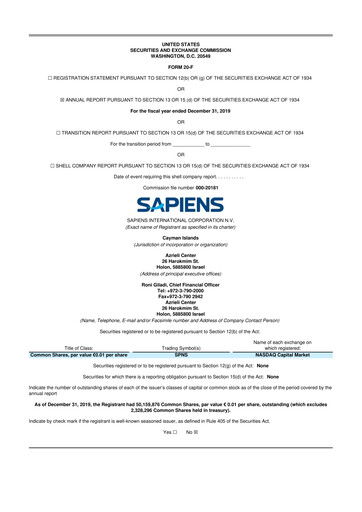Vorschaubild Sapiens International Corporation 20-F Jahresbericht 2019