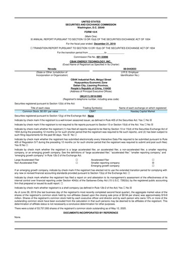 Miniature CBAK Energy Technology 10-K Rapport annuel 2019
