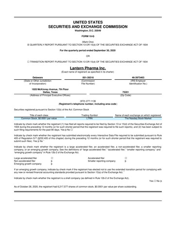 Miniature Lantern Pharma 10-Q Rapport trimestriel 2020 